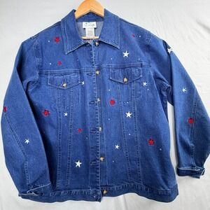 Quacker Factory Denim Jacket Medium Blue Embroidered Stars Americana Rhinestone